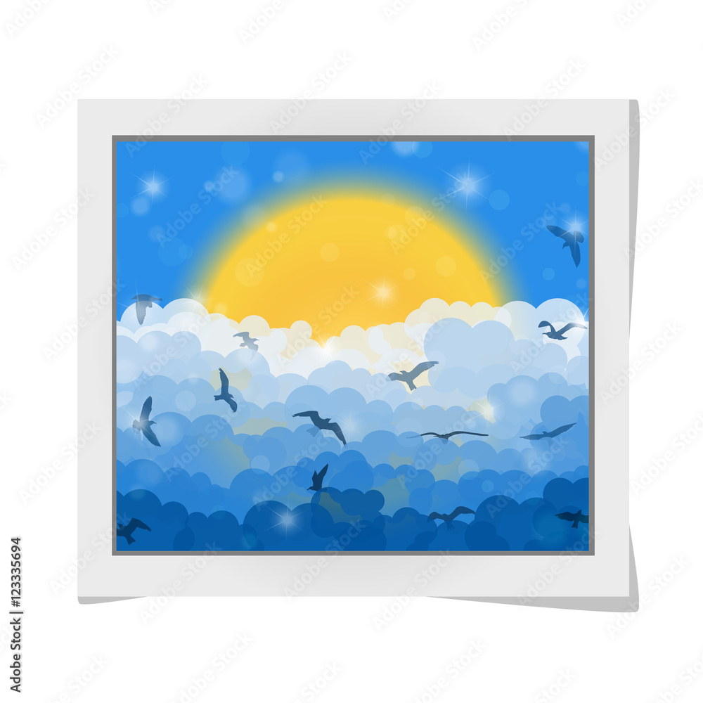 Cartoon photo frame with flying birds in clouds on sun and blue shining sky background. Vector illustration