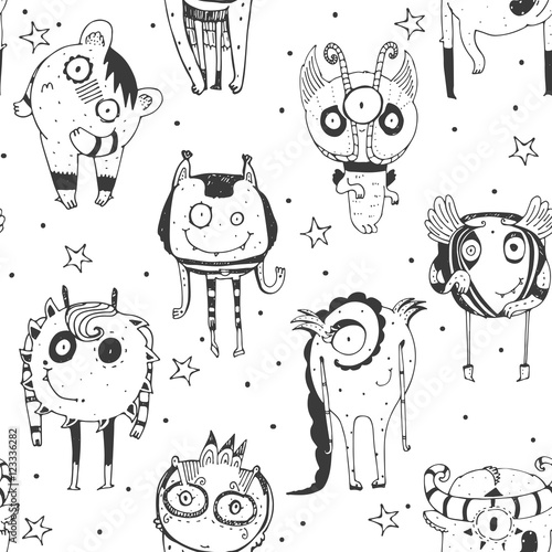 Cute seamless doodle pattern with lovely hand drawn monsters, dots and stars on white background. Vector illustration with alien mascot characters. Cartoon black and white image for child illustration