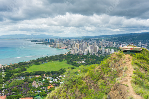 Billede på lærred Panoramic view from diamond head monument state viewpoint, Oahu, Hawaii, Usa