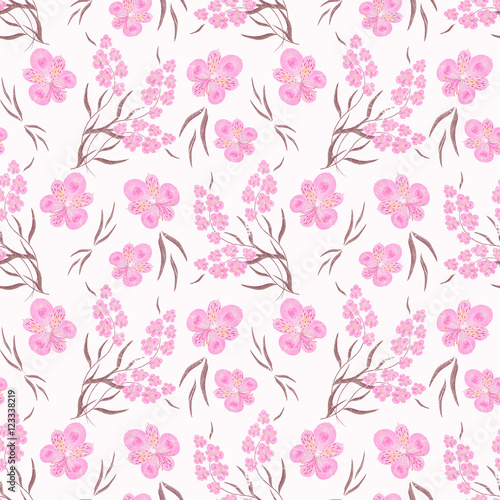 Wallpaper Mural Seamless floral pattern background, flowers ornament wallpaper textile Illustration. pink flowers on a white background. Torontodigital.ca