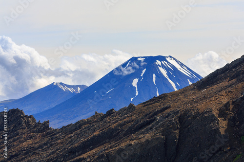 Snow top of Ngauruhoe volcano in Tongariro National Park