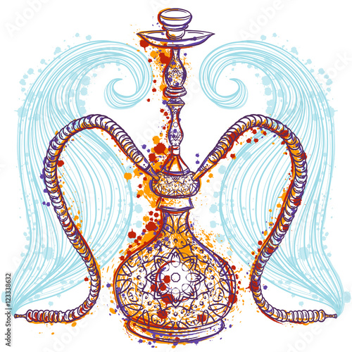Hookah with oriental ornament and smoke. Hand drawn abstract grunge style art. Colorful retro banner, card, t-shirt, print, poster. Vintage vector illustration
