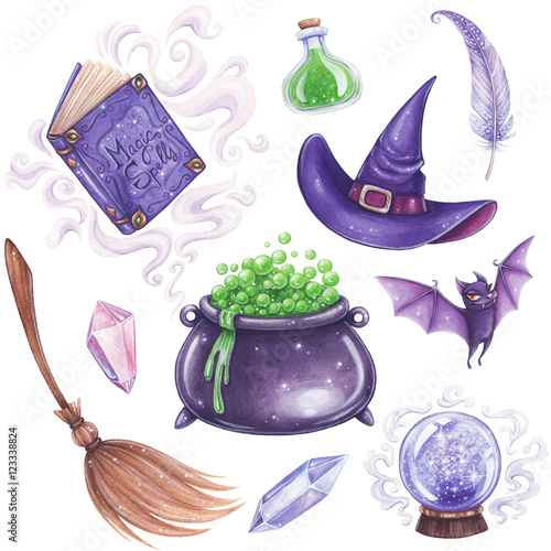 Halloween hand-drawn illustration. Witch magic attributes set.