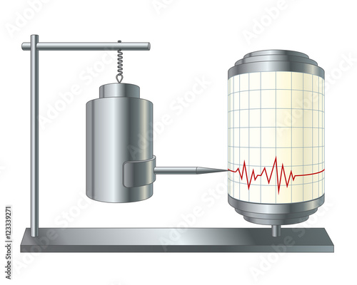 Vector illustration of seismograph or seismometer. Instrument that measure motion of the ground, seismic waves generated by earthquakes, volcanic eruptions. Isolated recording device. 