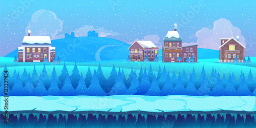Cartoon winter landscape with ice, snow and cloudy sky. vector nature background for games.