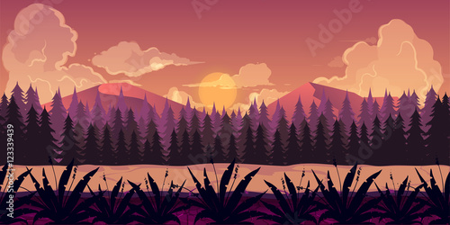 Background for games apps or mobile development. Cartoon nature landscape with forest. Vector illustration  design graphics print  book . Stock .