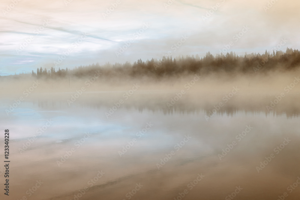 Fototapeta premium lake sunrise fog peach