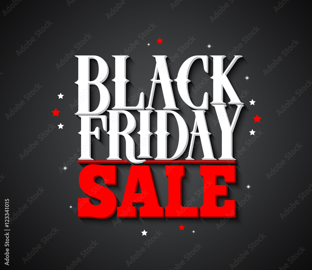 Black Friday sale vector banner design with white text and stars in black background for shopping promotion. Vector illustration.
