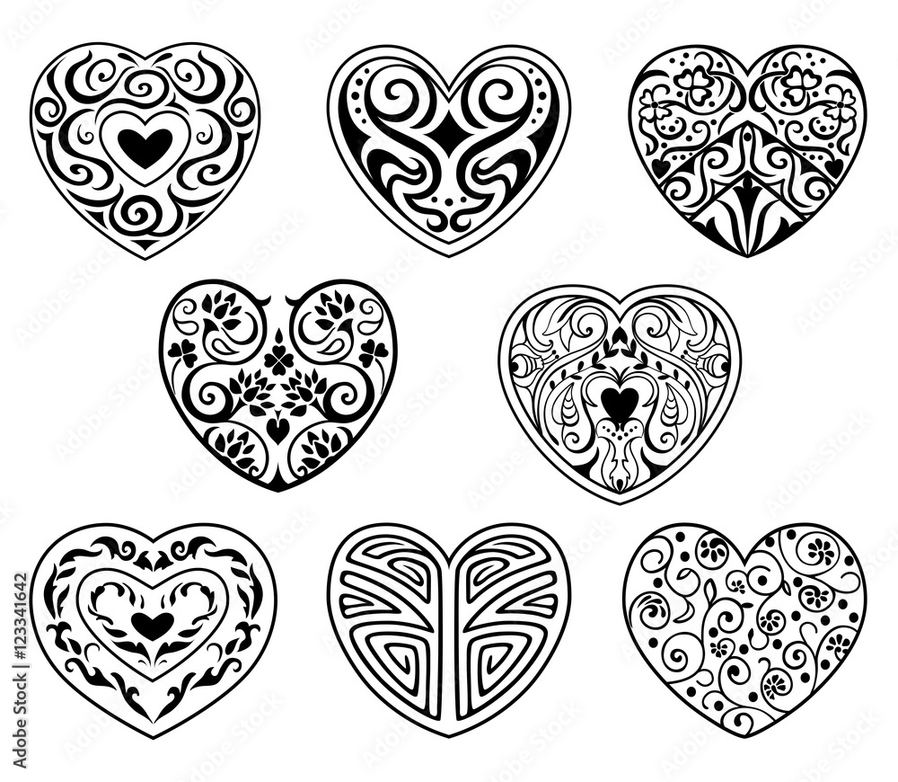 Vector set of decorative hearts for festive cards and greetings Vector set of decorative hearts for festive cards and greetings