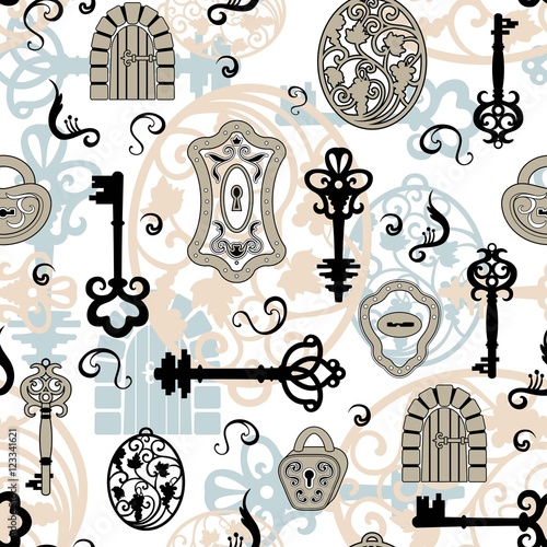vintage wallpaper with keys, medallions, doors, locks and vintag