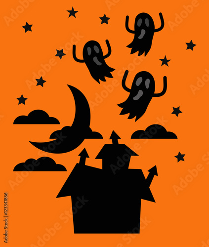  silhouette halloween house night sky background with moon and flying ghosts on orange background