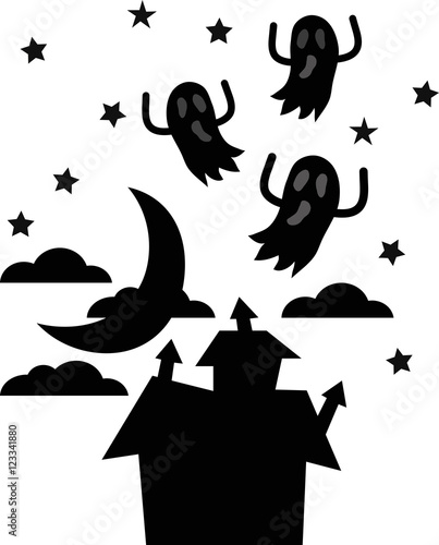  silhouette halloween house night sky background with moon and flying ghosts on white background