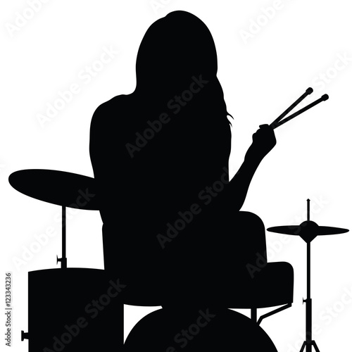 girl playing drums silhouette in black illustration