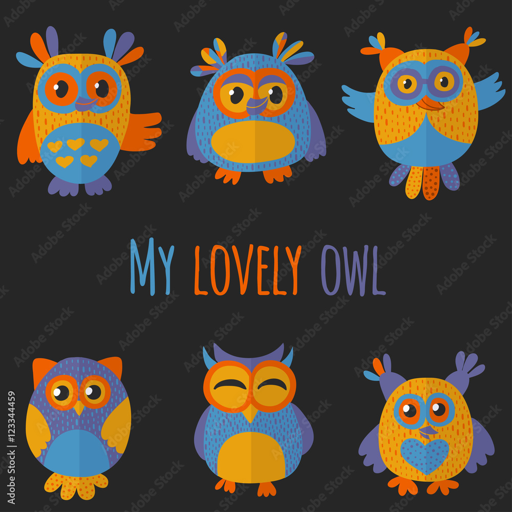 Vector set with cute owls Kids drawing style