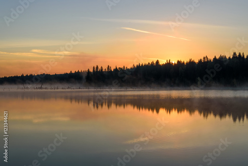 lake sunrise fog peach