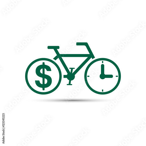 Time is money concept. Wheels bicycle as a coin and clock.Vector isolated illustration.