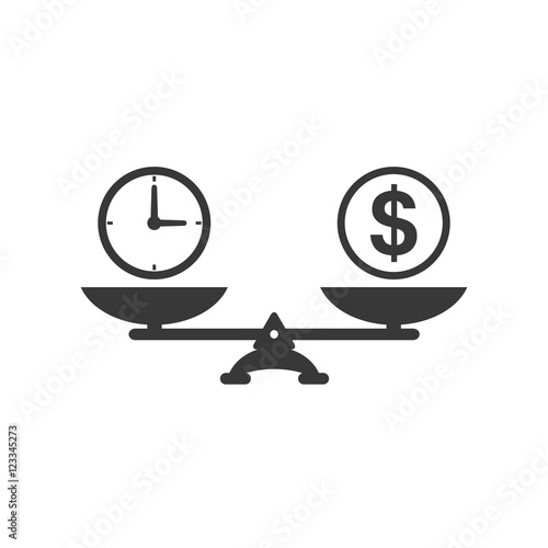 Time and money scales icon. Money and time balance on scale. Weights with clock and money coin. Vector isolated sign.