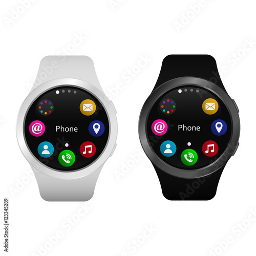 Smart watch vector. Realistic smart watch with apps on screen isolated on white.