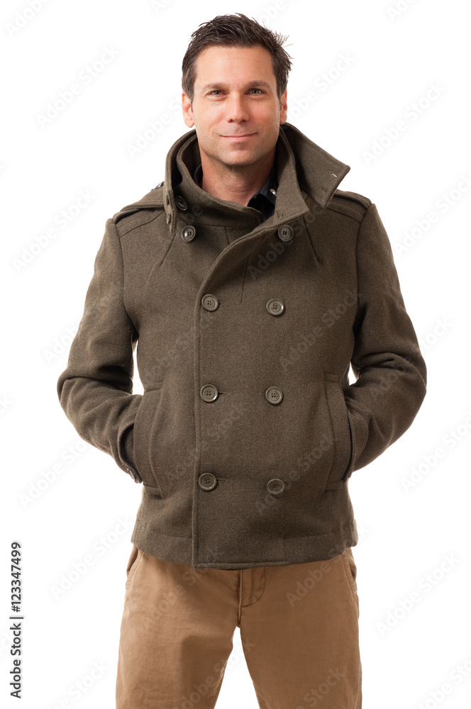 Man in Pea Coat on White Man in Pea Coat on White