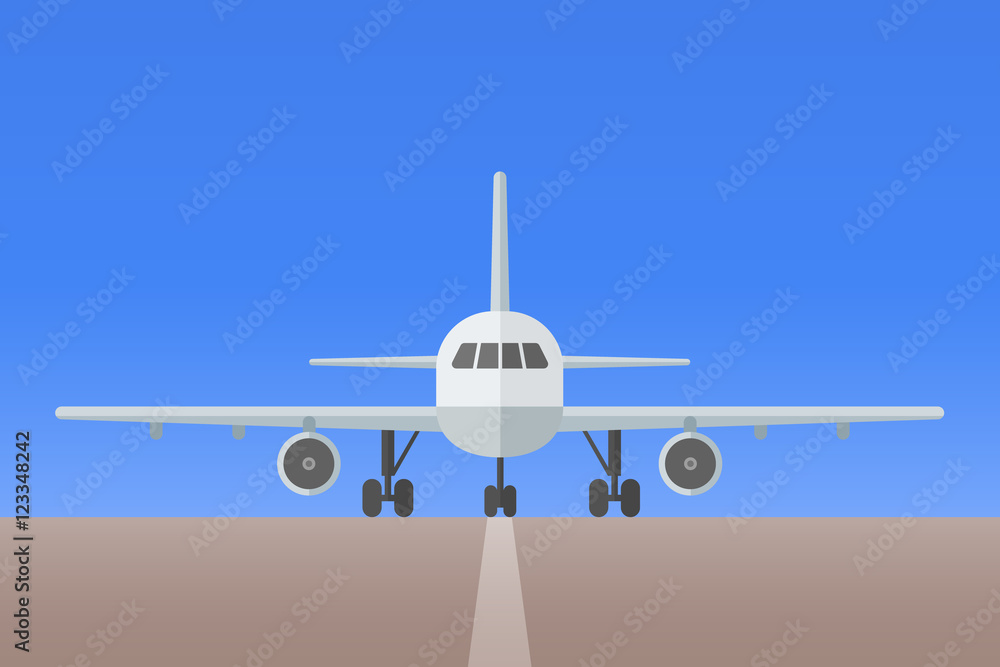 Naklejka premium Airplane with landing gear on runway. Front view. Aircraft flat style vector illustration.