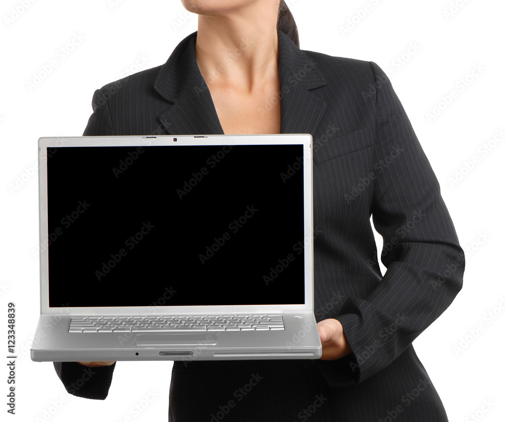 Businesswoman showing laptop computer on white Businesswoman showing laptop computer on white