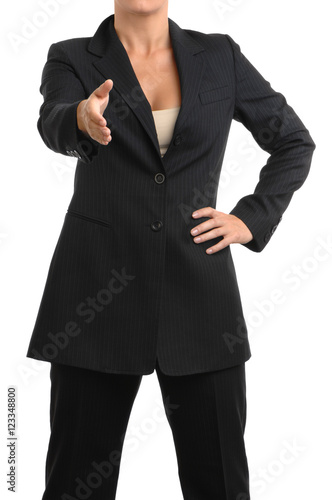 Businesswoman offering hand on White
