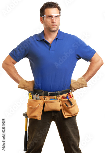 Contractor carpenter construction worker on white