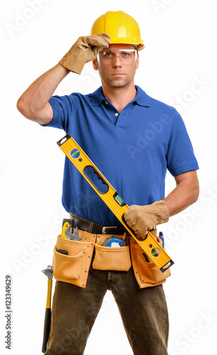 Contractor construction worker tipping hard hat isolated on white background for use alone or as a design element