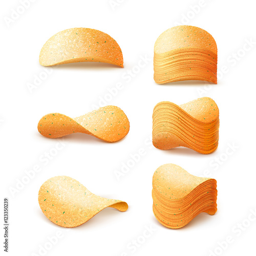 Vector  Set of  Potato Crispy Chips Stacks Close up Isolated on White Background