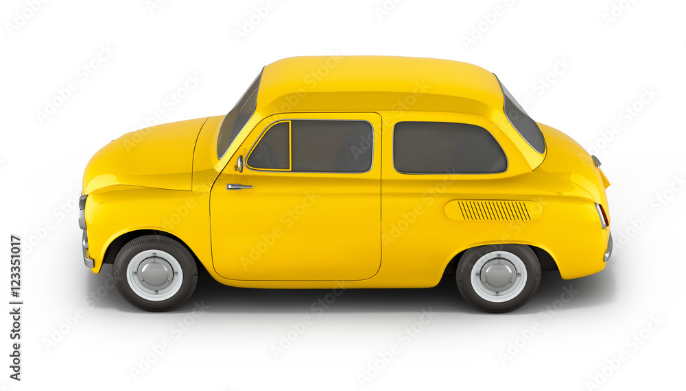 small yellow retro car isolated on white background 3d render