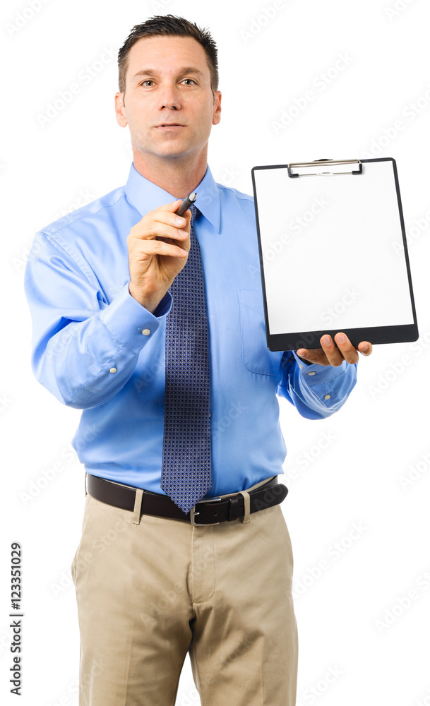 Casual Dress Businessman Holding Clipboard and pointing on White Casual Dress Businessman Holding Clipboard and pointing on White