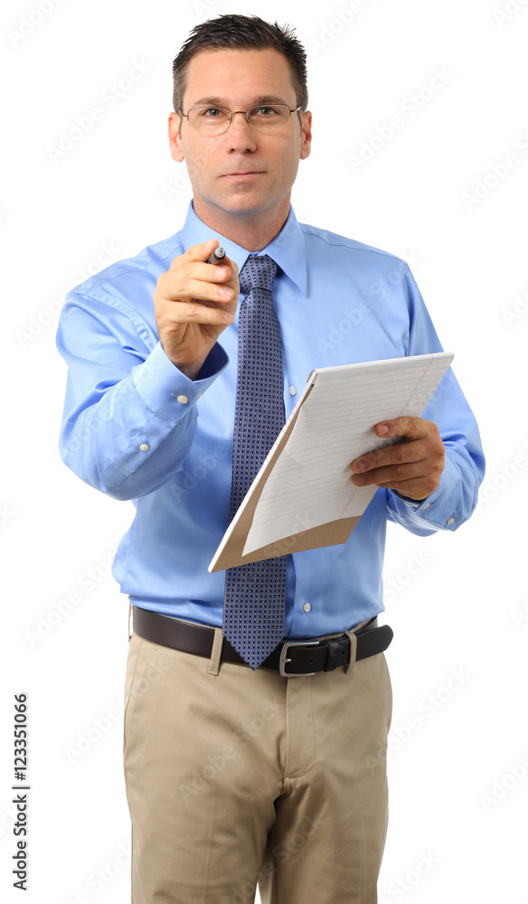 Casual Dress Businessman Holding Notepad and pointing on White Casual Dress Businessman Holding Notepad and pointing on White