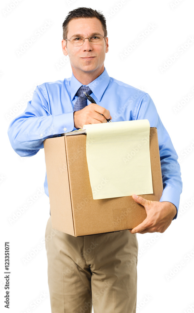 Casual Dress Businessman Holding Box on White Casual Dress Businessman Holding Box on White
