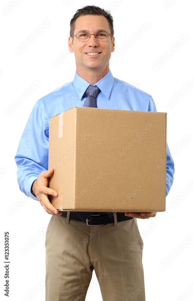 Casual Dress Businessman Holding Cardboard Box on White Casual Dress Businessman Holding Cardboard Box on White