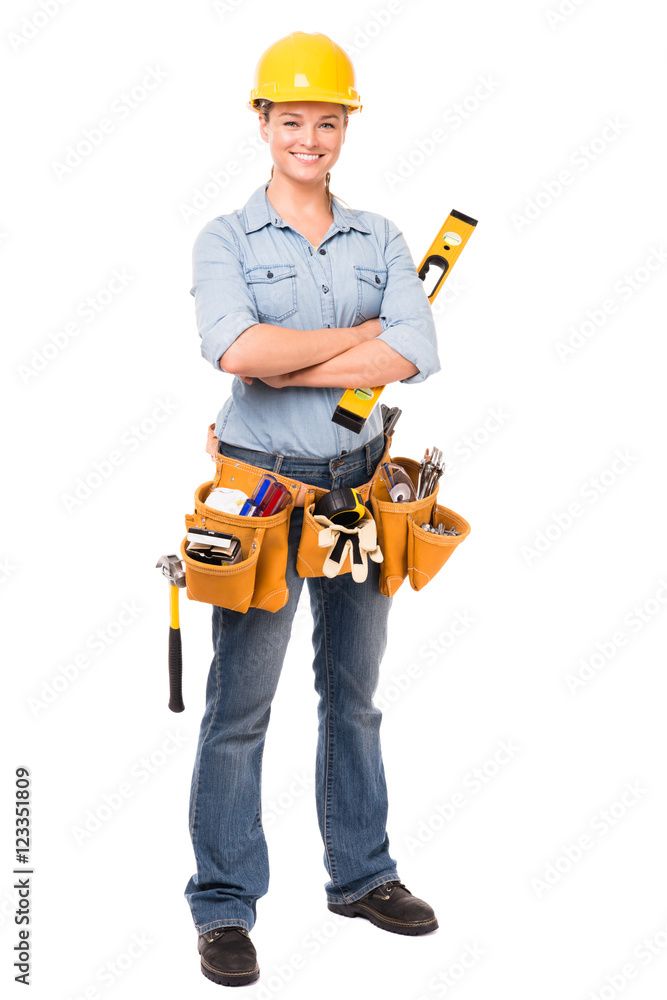 Young Woman Construction Worker on White Young Woman Construction Worker on White