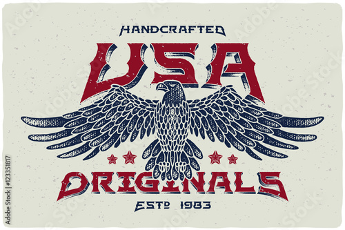 Print for t-shirt with bald eagle illustration and text "Handcrafted USA Originals"