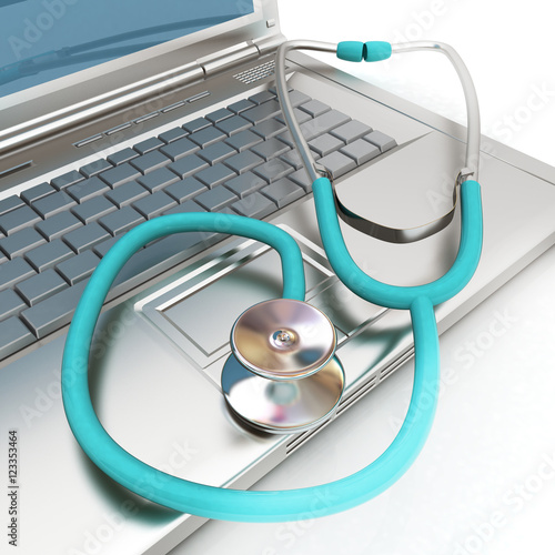 silver laptop diagnosis with stethoscope. 3D illustration