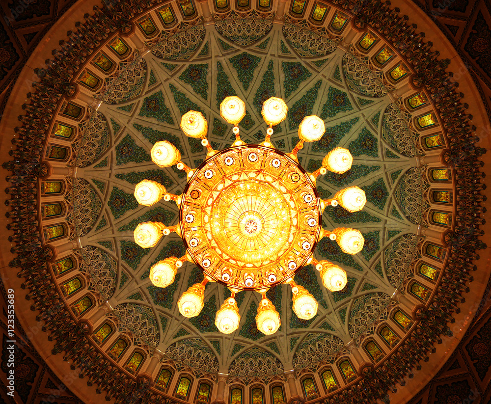 Crystal chandelier inside Sultan Qaboos Grand Mosque, Muscat, Om