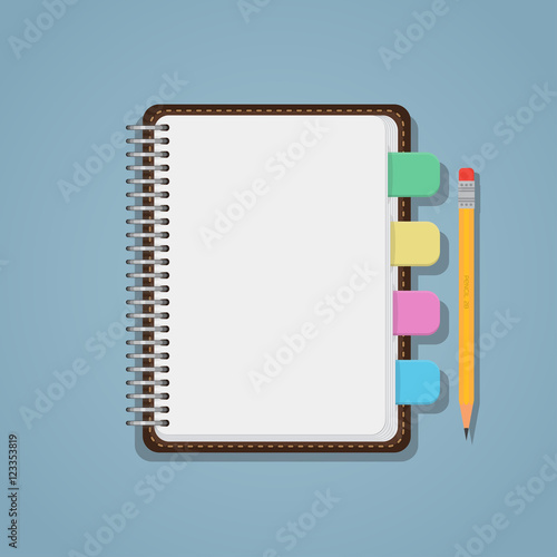 Notebook with bookmarks and pencil