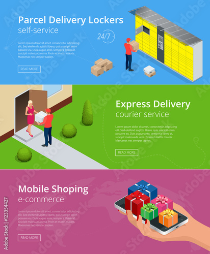 Web banners. Isometric Parcel Delivery Lockers. Self-service. Express Delivery. This service provides an alternative to home delivery for online purchases