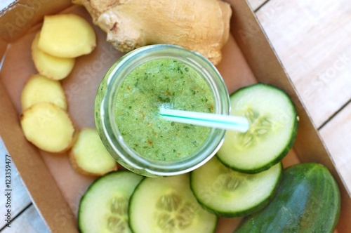Healthy fresh smoothie drink from gree cucumber and ginger