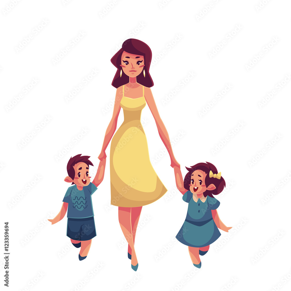 Mother, daughter and son walking together, cartoon vector illustrations  isolated on white background. Young beautiful mom wolking with her little  children, daughter and som, happy family concept Stock Vector | Adobe Stock