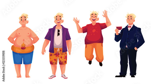 Young, happy fat man in swimming shorts, casual clothing and business suit, set of cartoon vector illustrations isolated on white background. Overweight, fat man enjoying life and having fun