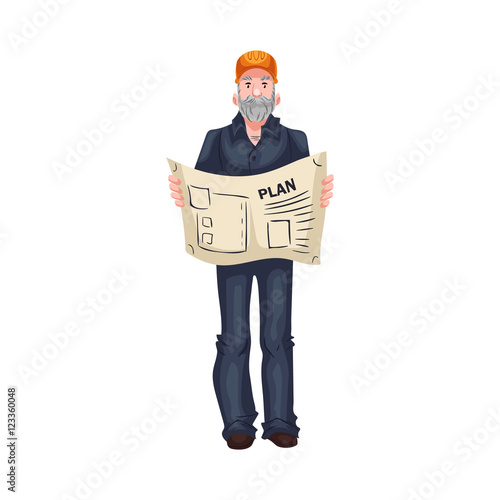 Full length portrait of mature Caucasian architect or foreman, cartoon style vector illustration isolated on white background. Foreman, architect in orange helmet, blue shirt and jeans holding a plan