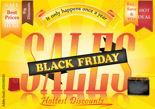 Elegant Black Friday sale advertising poster. Advertising orange shopping poster for Black Friday. Contains different shopping bags, shopping tags. CMYK colors used. Size A3.