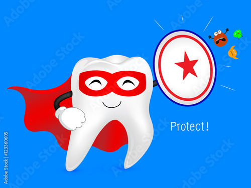 Cartoon tooth with shield, great for healthy dental care concept. Illustration