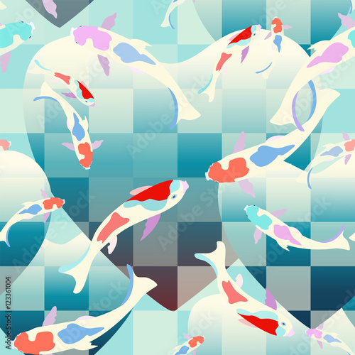 Abstract watercolor draw colorful fish koi (Japanese, Chinese carp) in pond, vector Geometric background square (tartan plaid), heart