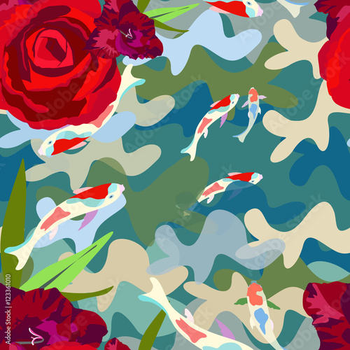 Abstract illustration Style Camo fabric, colorful fish koi (Japanese, Chinese carp) in pond, floral algae and rose background, seamless pattern 