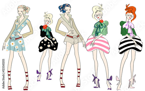 Abstract sketch model, new collection clothes (green blouse, striped skirt, dress, bow flower, sunglasses), fashion spring summer
