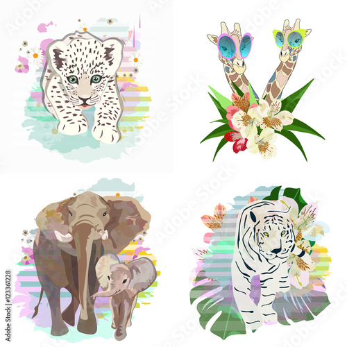 Photography Abstract draw of elephant family (mom and baby), couple giraffes in sunglasses,